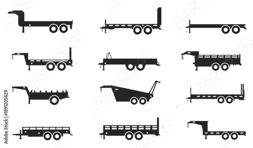 Flat vector illustration, black silhouette set of twelve trailer types including gooseneck, utility, dump, tilt, and flatbed designs