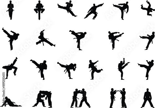 Flat vector illustration, black silhouette set of twenty-five martial arts poses including kicks, punches, stances, and combat interactions