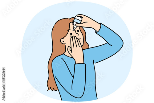 Woman uses eye drops to improve vision or reduce dry pupils causing ophthalmic diseases. Young girl with eye drops recommended by ophthalmologist to avoid blindness and conjunctivitis.