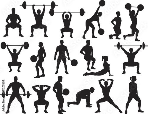 Flat vector illustration, black silhouette set of weightlifting and fitness exercise poses with barbells, dumbbells, squats, lunges