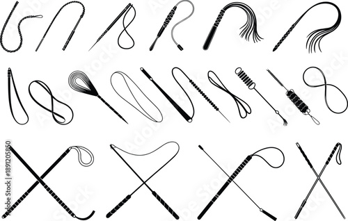 Flat vector illustration, black silhouette set of diverse whip designs including bullwhips, floggers, snake whips, and crossed styles