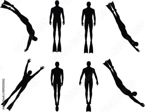 Flat vector illustration, black silhouette set of eight swim fin poses including diving, swimming, standing front and back views