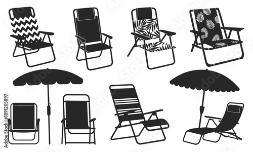 Flat vector illustration, black silhouette set of eight beach chairs and two umbrellas with varied shapes