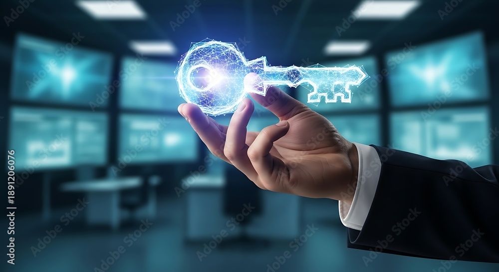 Obraz premium A glowing digital key is held in a hand symbolizing security and access within a tech environment