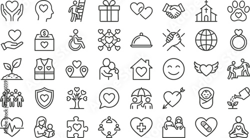 Charity and community line icons set featuring love care donation family health volunteer support church protection kindness symbols in minimal outline style for nonprofit branding web design