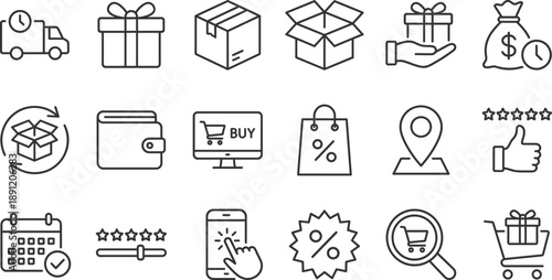 Ecommerce delivery and shopping line icons set featuring gift box packaging online buy discount cart wallet rating location payment logistics symbols in minimal outline style