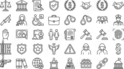 Law and justice line icons set featuring court scales gavel police contract security fingerprint prison lawyer legal protection symbols in minimal outline style for web apps branding