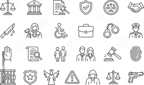 Law and justice line icons set featuring court scales gavel police handcuffs security contract fingerprint crime legal protection symbols in minimal outline style for web apps branding
