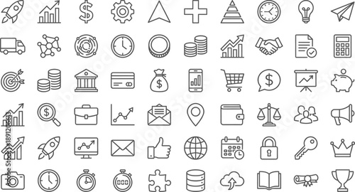Minimal line business and finance icon set featuring growth charts, money, startup, marketing, analytics, ecommerce, investment, productivity, and management symbols for web design, mobile apps