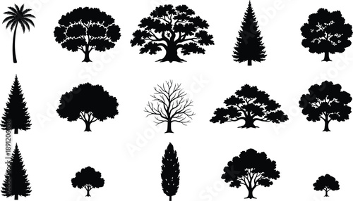 Collection of black tree silhouettes including pine, oak, palm, and deciduous trees, isolated on white background, perfect for nature, forestry, landscape, and design projects