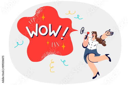 Woman promoter makes amazing offer by shouting into gramophone near speech cloud with word WOW