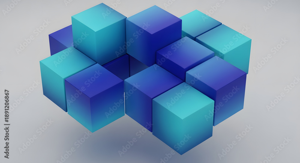 Obraz premium Abstract blue cubes arranged in a geometric cluster with soft lighting