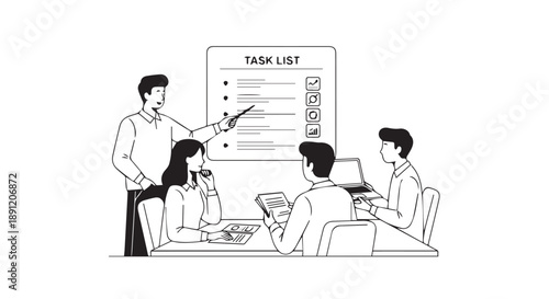 Business team discussing task list in meeting room with whiteboard