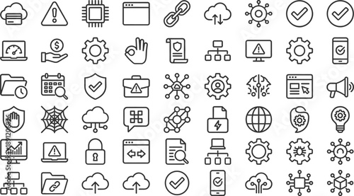 Minimal line technology icon set featuring cloud computing, security, networking, analytics, settings, web interface symbols for apps, dashboards, UI design, software development, and digital projects