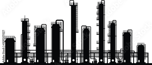 Industrial refinery plant silhouette with storage tanks and pipelines, modern oil gas processing facility infrastructure isolated on white background illustration industrial vector design