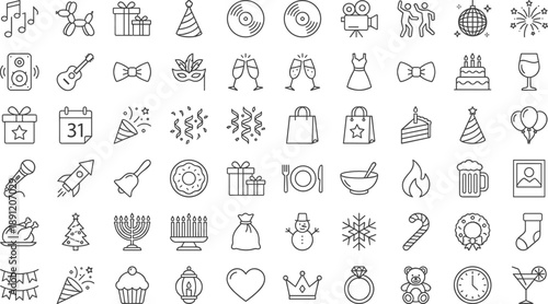 Party and celebration line icons set featuring music gifts balloons cake fireworks drinks holidays festive decorations entertainment symbols in minimal outline style for event planning design