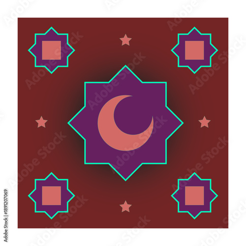 Ramadan Geometric Ornament with Crescent Moon and Islamic Star Pattern on Deep Red Background.