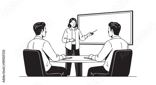 Businesswoman presenting to two colleagues at a meeting with a whiteboard in the background office setting