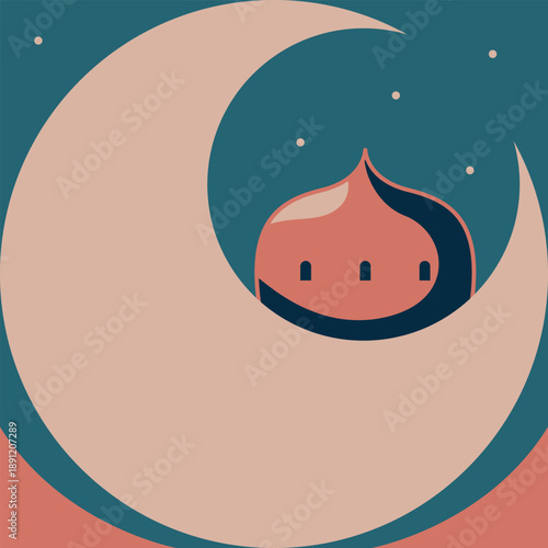 Ramadan Night Illustration with Crescent Moon Framing Mosque Silhouette in Soft Minimal Style.