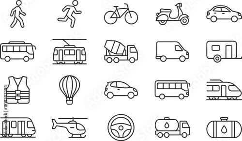 Transportation and mobility line icons set featuring walking running bicycle scooter car bus truck tram train helicopter logistics travel symbols in minimal outline style