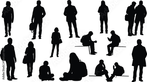 People silhouette collection showing men and women standing, sitting and waiting in various everyday poses, black vector illustration isolated on white background for lifestyle design