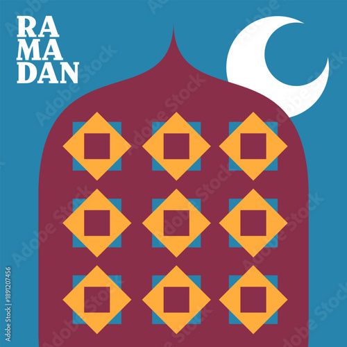 Ramadan Geometric Mosque Facade with Crescent Moon and Bold Decorative Pattern on Blue Background.