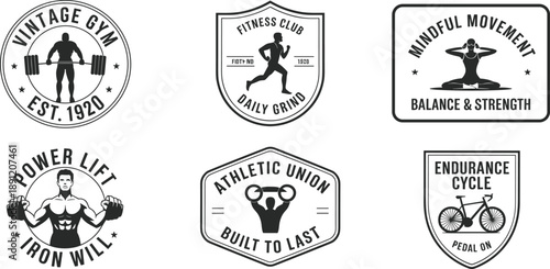 Vintage fitness gym logo badges set featuring bodybuilding powerlifting running cycling yoga mindfulness athletic club retro emblem designs for apparel branding posters and sports merchandise