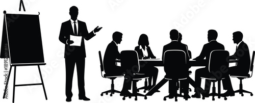 Professional business meeting silhouette illustration showing corporate presentation, teamwork discussion, office conference room, leadership strategy planning, management training, and collaborative