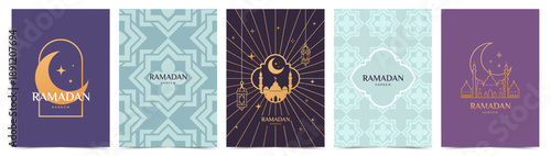 Ramadan Kareem set with moon crescent, mosque, lanterns, arches, islamic ornaments. Luxury design template for poster, greeting card, holiday cover, invitation. Vector illustration