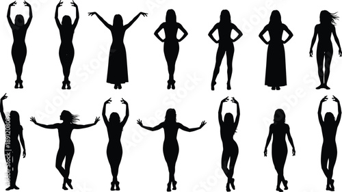 Set of female dancing silhouettes showing elegant body poses and expressive movements, black vector illustration isolated on white background for fashion, fitness and lifestyle design