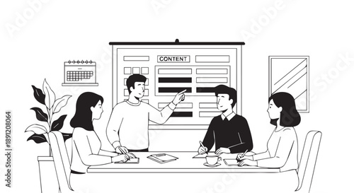 Business team discussing content strategy in a meeting room with a whiteboard