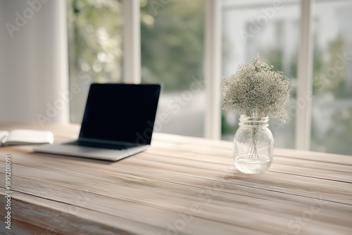 Modern laptop computer and small white flower arrangement in glass jar on light wood table with blurred window background. Concept of home office or cozy workspace