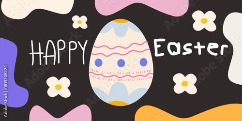 Happy Easter banner with flowers, decorated egg, bright shapes. Spring holiday festive background design for celebration. Vector flat cartoon illustration