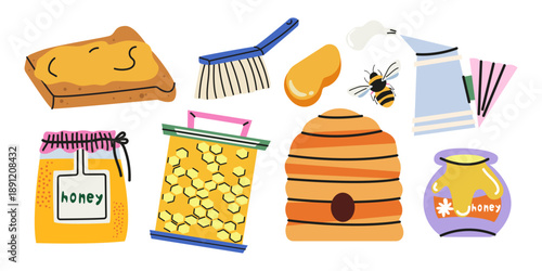 Beekeeping and honey vector stickers in cartoon style. Honey apiary, bee, beehives, honey jars, honeycombs, toast with honey. Organic natural sweet food and product in doodle groovy style