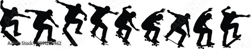 Skateboarder silhouette sequence performing skateboard tricks in motion, dynamic action poses isolated on white background, urban extreme sports concept illustration
