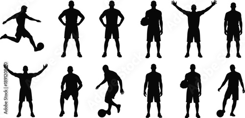 Soccer player silhouettes showing standing, running and kicking poses with football, black vector illustration set isolated on white background for sports and athletic design