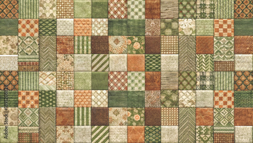 geometric patchwork textile pattern, composed of rectangular blocks and woven textures
