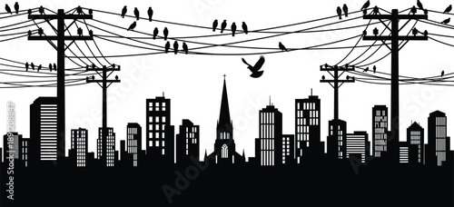Urban city skyline silhouette with birds sitting on power lines and flying above buildings, black vector illustration isolated on white background for modern city design