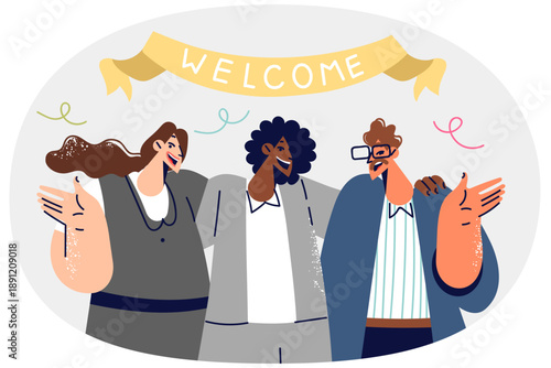 Friendly business people invite you to join team, standing under banner that says welcome