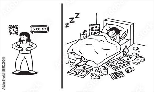 Contrast between early rising and oversleeping with messy room