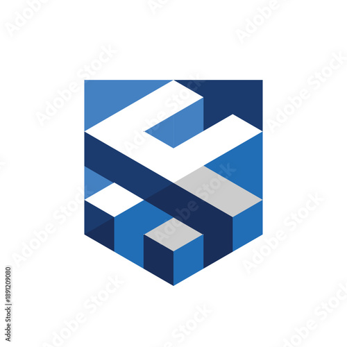 this is a 3d logo design of a letter F in shield block shape in blue color combo on a white background