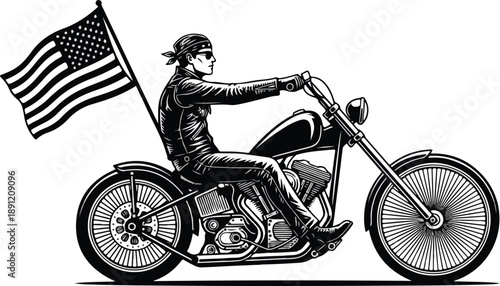 Man Riding Motorcycle with American Flag.