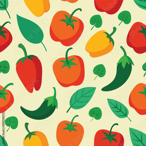Seamless colorful vegetable pattern with peppers tomatoes and leaves