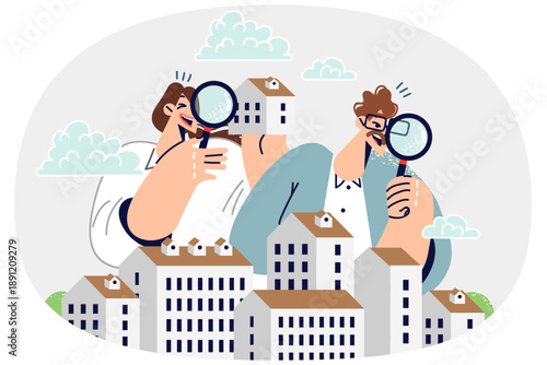 Realtors search properties for sale, stands among miniature buildings and holding magnifying glasses