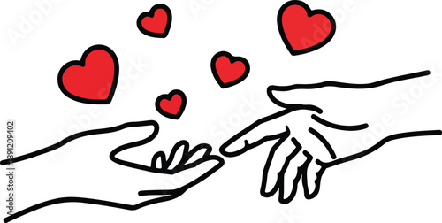 Hands Reaching Out with Red Hearts Floating.