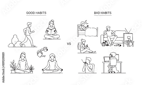 Good habits versus bad habits comparison illustration