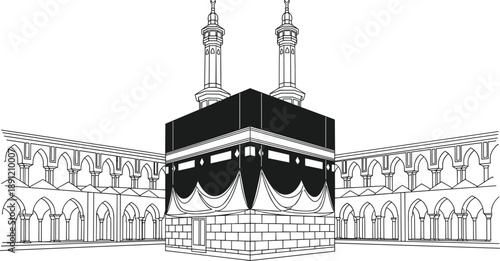 Holy Kaaba in Makkah Masjid Al Haram Mosque Islamic Architecture Illustration for Hajj Umrah Ramadan Eid Celebration and Religious Design,
