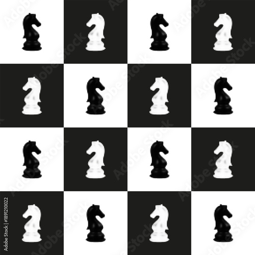 Seamless chess pattern with repeating knight pieces in black and white halftone style. Bold geometric background for strategy, game, competition, textile, wallpaper, and modern graphic design.