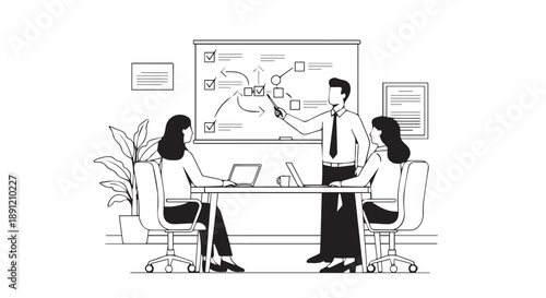Business team discussing strategy on whiteboard in modern office setting with laptops