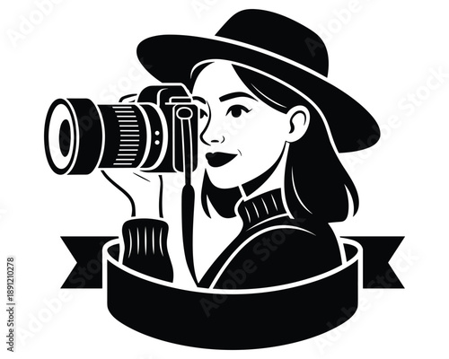 Happy female photographer taking pictures with a camera and stylish hat